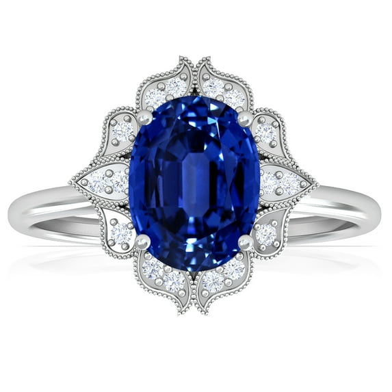 GemsNY September Birthstone - Vintage Oval Untreated Blue Sapphire Ring with Pave Set Diamond Halo For Women (Grade - AAAAA | 1.12cttw)