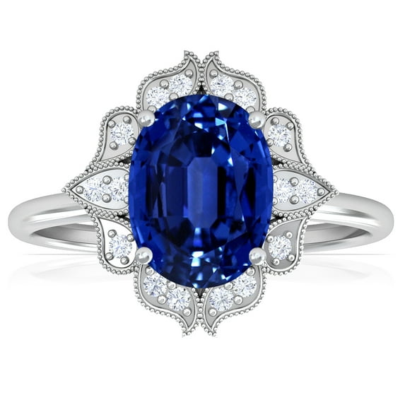 GemsNY September Birthstone - Vintage Oval Untreated Blue Sapphire Ring with Pave Set Diamond Halo For Women (Grade - AAAAA | 1.68cttw)