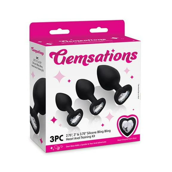 Gemsations 3 pc 2.75" amp; 3.15" amp; 3.7" Silicone Bling Bling Heart Butt Plug Training Set - Black