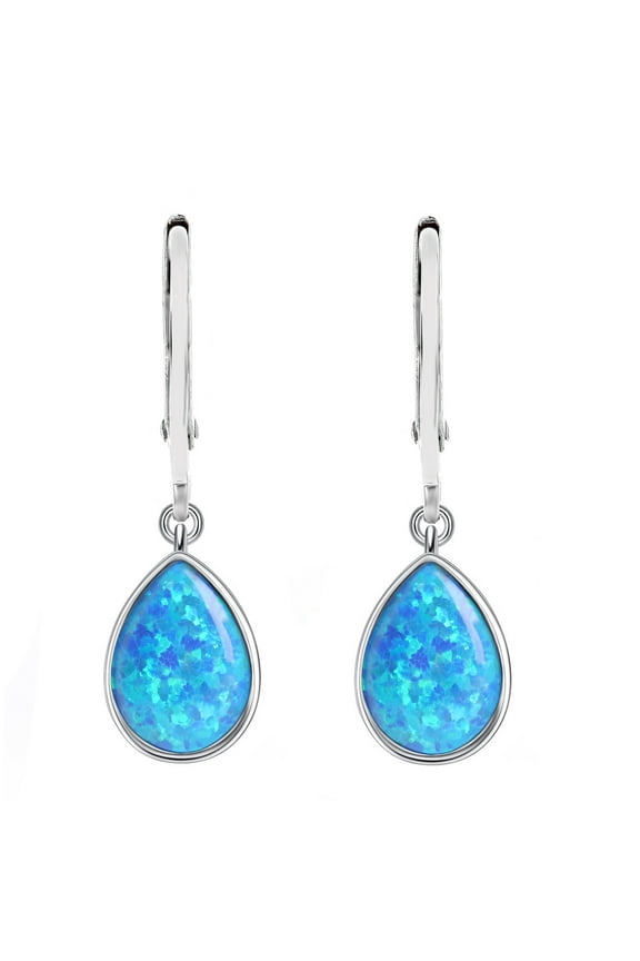 Sterling Silver Blue Teardrop Created Opal Dangle Earrings for Women