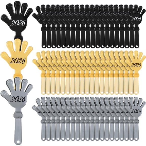 Gemscream 60 Pcs 2026 Happy New Year Hand Noisemakers New Years Eve Glitter Noisemakers Black Silver Gold Plastic Clapping Hands for Graduation Birthday Party Favors Supplies, 7 In A101