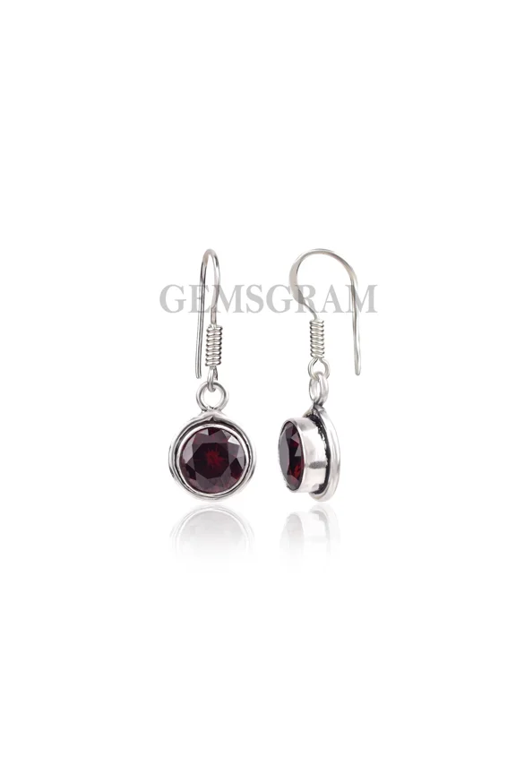 925 Sterling Silver Red Garnet Dangle Earrings for Women Round Shape Gemstone Valentine Gift