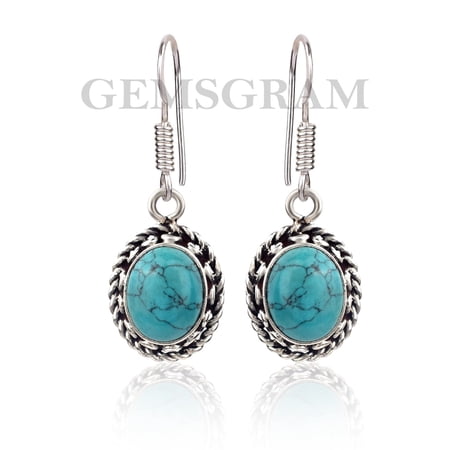 Gemsgram Hoop Dangle Earrings in 925 Sterling Silver Earrings for Women - 8x10mm Real Turquoise Earrings, Turquoise Jewelry Earrings, Birthstone Earrings
