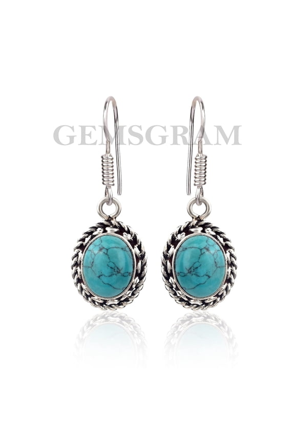 Hoop Dangle Earrings in 925 Sterling Silver Earrings for Women - 8x10mm Real Turquoise Earrings, Turquoise Jewelry Earrings, Birthstone Earrings