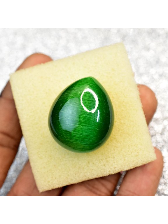 Gemsgrowth Natural Green Cat's Eye Loose Gemstone, Cabochon, 28x24mm, Certified, for Jewelry Making, Pendant, Ring, Necklace, Engagement
