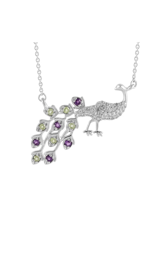 Amethyst Peridot & White Topaz Peacock Pendant for Women in 925 Sterling Silver – Elegant Gemstone Jewelry Gift for Birthday, Anniversary & Festive Occasions