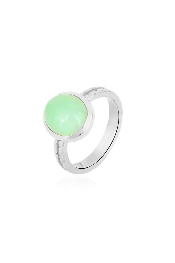 Natural Chrysoprase Cabochon 925 Silver Solitaire Ring | White Rhodium Plated (11)