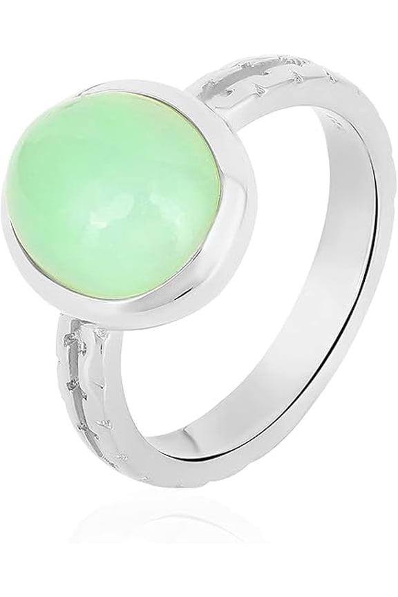 Natural Chrysoprase Cabochon 925 Silver Solitaire Ring | White Rhodium Plated (5.5)