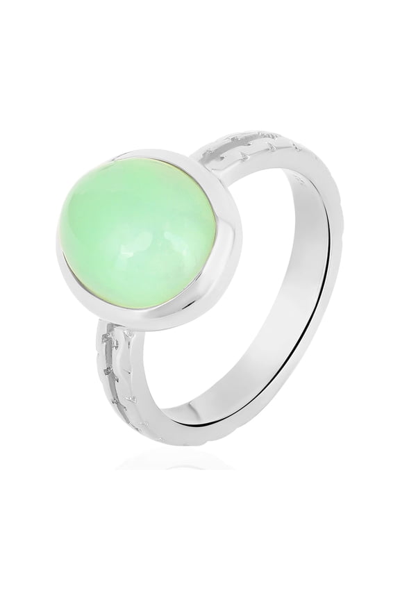 Natural Chrysoprase Cabochon 925 Silver Solitaire Ring | White Rhodium Plated (6.5)