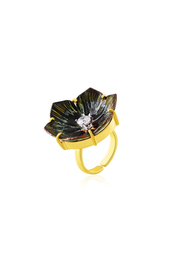 Zircon Ring for Women Round Flower Shape in 925 Sterling Silver Yellow Gold Flash Adjustable Unique Statement Jewelry Gift for Her Wife Mom Girlfriend