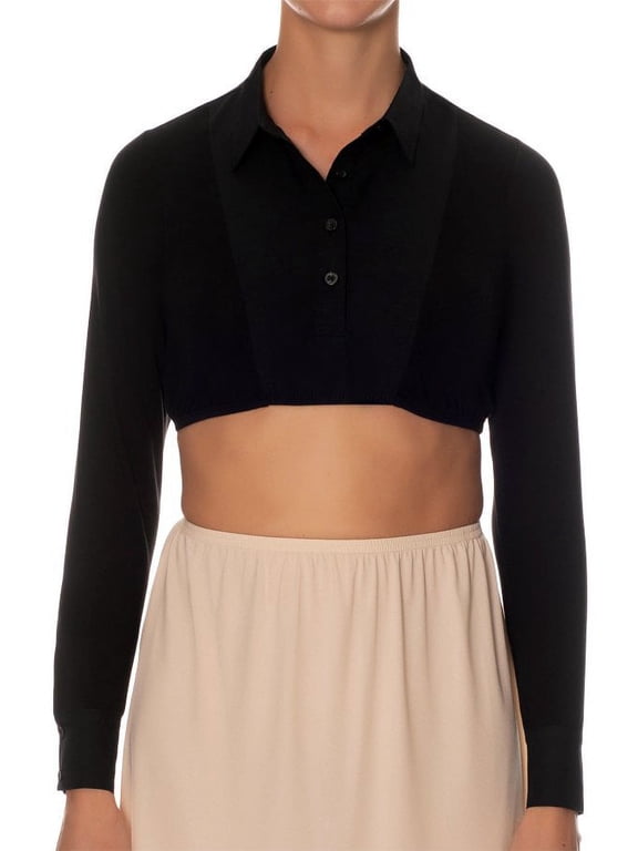 Long Sleeve Crop Shell Top with Woven Collar and Cuff SH326