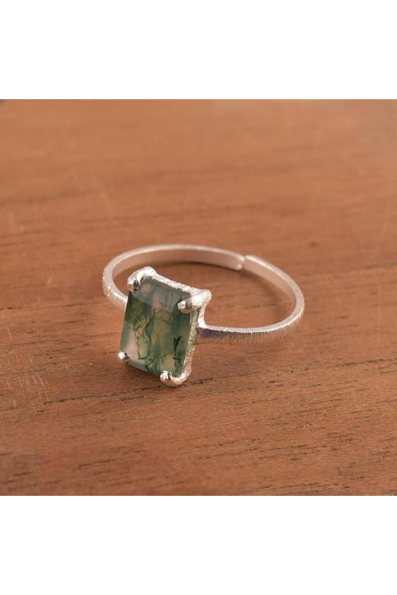 Gemslogy Natural Moss Agate Crystals Rings, Cabochon Gemstone, Adjustable Ring, Energy Healing Crystals, Birthday, Gift for Her, Gemstone Jewelry for Women AAA+ Quality