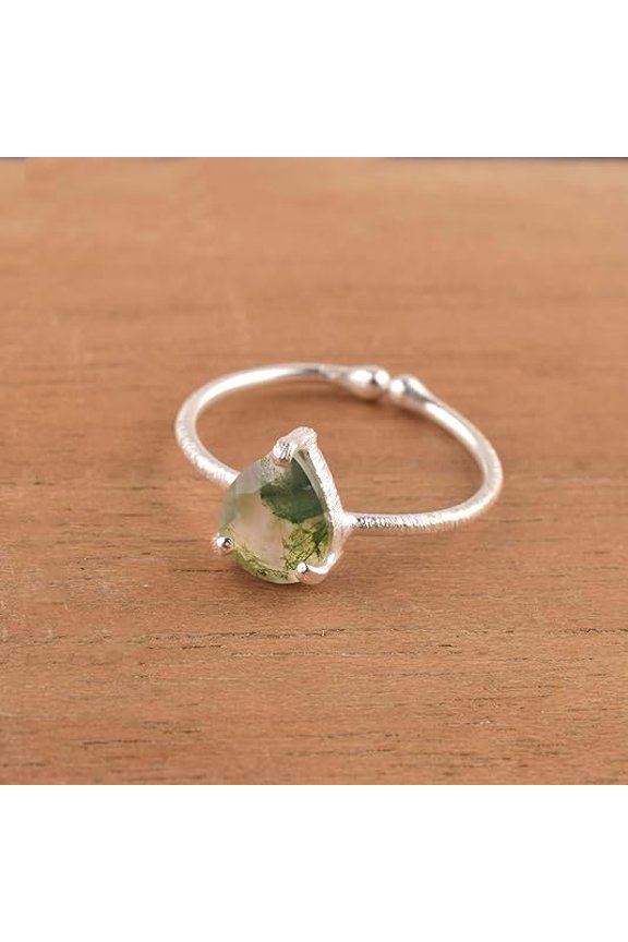 Gemslogy Natural Moss Agate Crystals Rings, Pear Cabochon Gemstone, Adjustable Ring Energy Healing Crystals, Birthday, Gift for Her, Gemstone Jewelry for Women AAA+ Quality