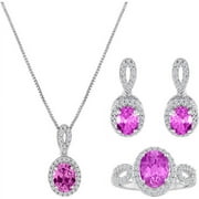 Gemspirations Lab-Created Pink Sapphire and CZ Fine Silver-Plated Brass Boxed Set with Earring, Ring and Pendant, 18"