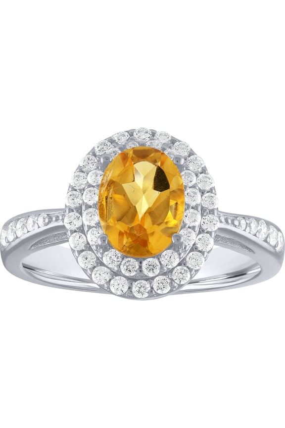 Oval Halo Citrine and CZ Ring in Sterling Silver
