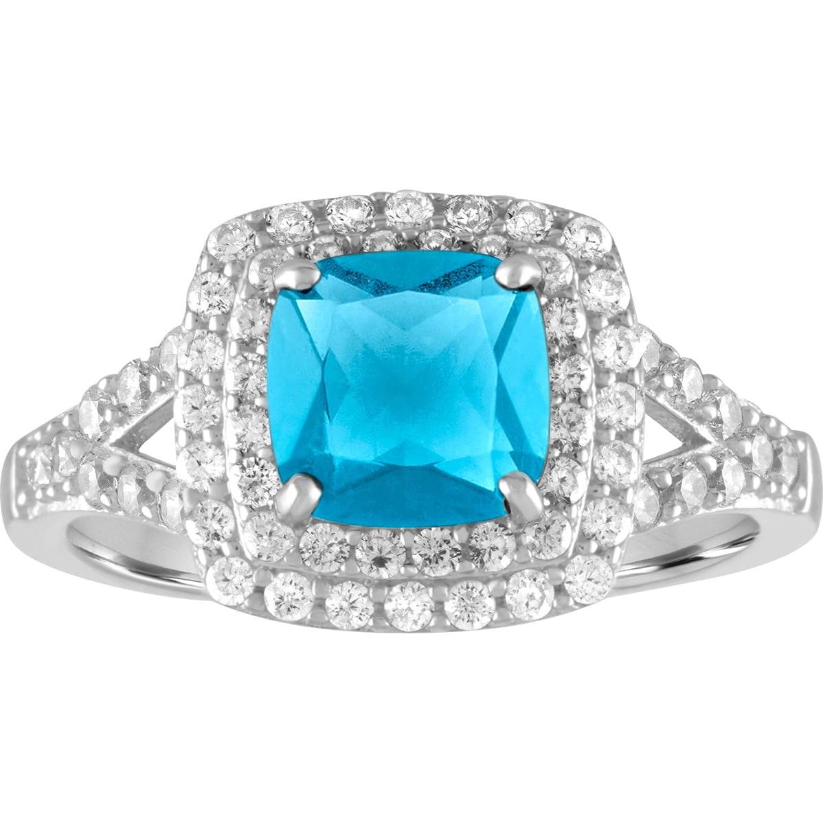 Gemspirations Treated Blue Topaz and CZ Sterling Silver Double-Halo Cushion Ring