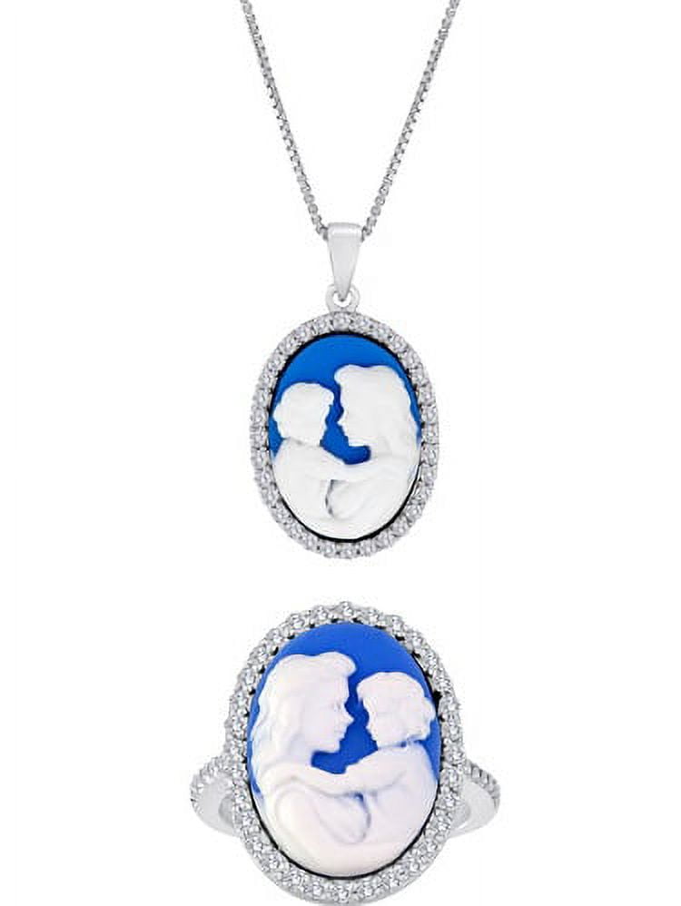 Gemspirations Wedgewood Blue Cameo Fine Silver-Plated Brass Boxed Set with Ring and Pendant, 18"