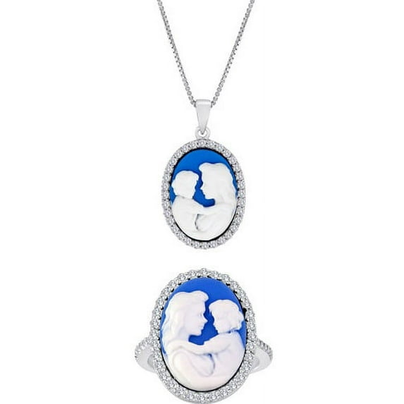 Gemspirations Wedgewood Blue Cameo Fine Silver-Plated Brass Boxed Set with Ring and Pendant, 18"
