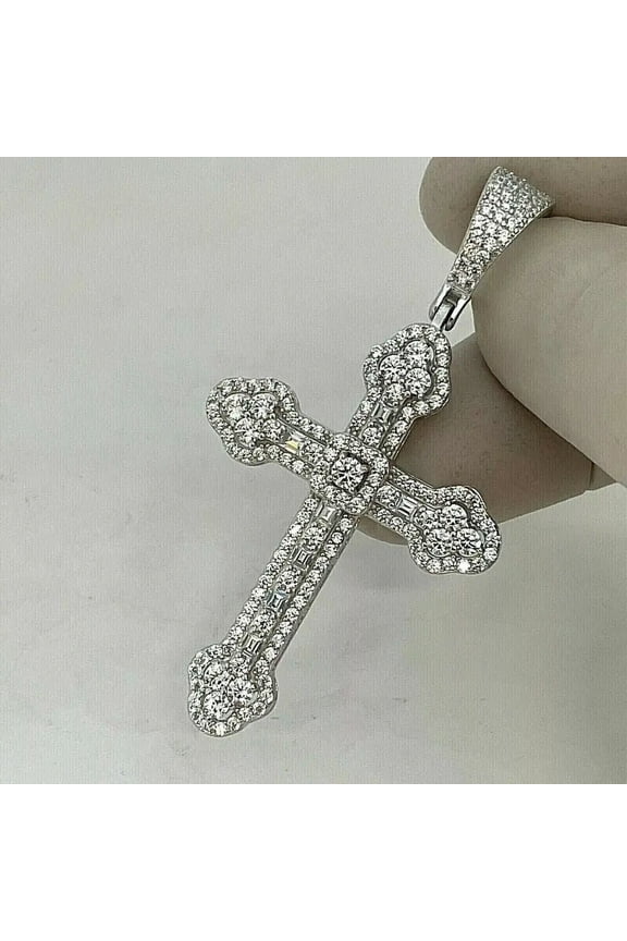 Jewellery-2CT Round Cut Simulated Diamond- Cross Men's Pendant- 14K White Gold Plated- 925 Sterling Silver