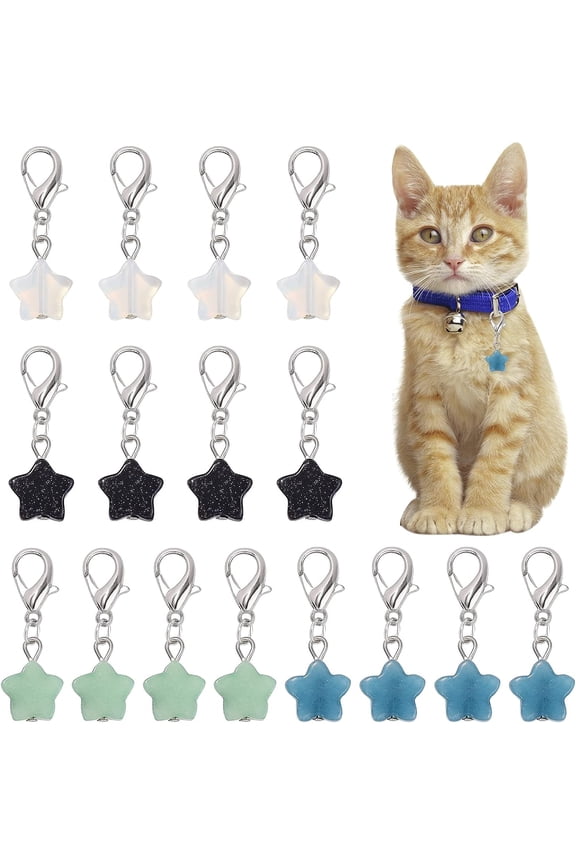Gemstone 16Pcs 4 Colors Stars Gemstone Pet Collar Charms Natural Gemstone Pendants with Lobster Claw Clasps for Pet Collars Keychain Gemstone