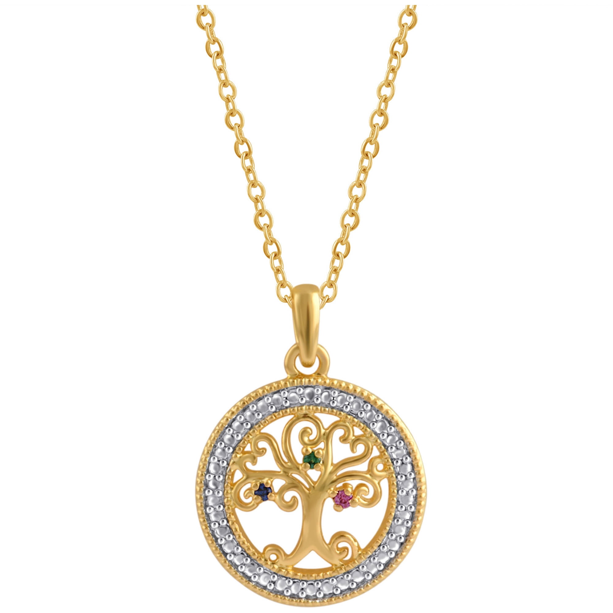 Gemstone Accent Gold Tone Birthstone Tree of Life Circle Pendant, 18" Chain