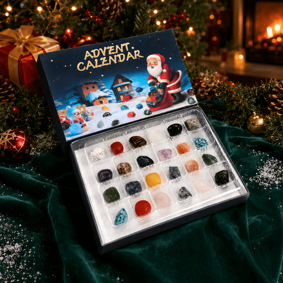 Gemstone Advent Calendar 2026, Daily Reveal Box with 24 Natural Rock, Mineral and Crystal Specimens, Christmas Gift for Adults 8.46x5.71 in