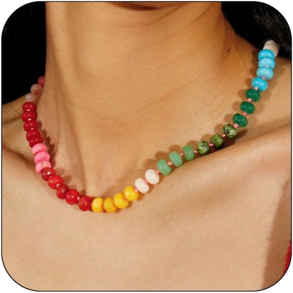 Gemstone Beaded Necklace For Women Colorful Natural Stone Freshwater Pearl Surfer Beach Rainbow Necklace Jewelry Gift[o7052]