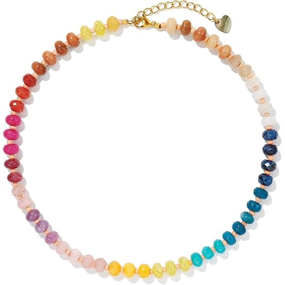 Gemstone Beaded Necklace for Women Colorful Natural Stone Freshwater Pearl Surfer Beach Rainbow Necklace
