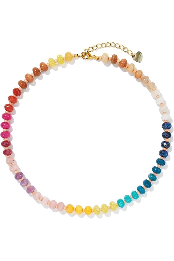 Gemstone Beaded Necklace for Women Colorful Natural Stone Freshwater Pearl Surfer Beach Rainbow Necklace