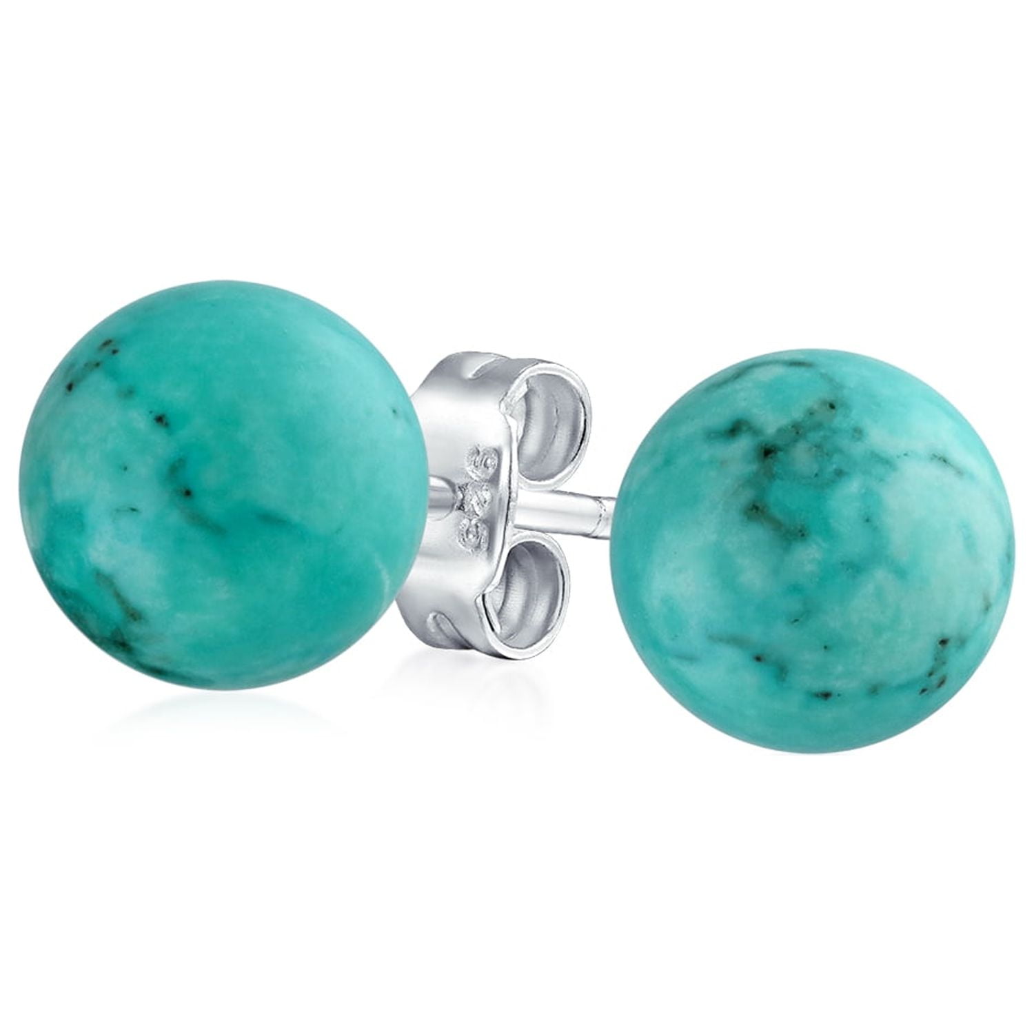 Gemstone Blue Turquoise Round Ball Stud Earrings .925 Sterling Silver