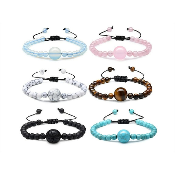 Gemstone Bracelet 6 Pcs,Anti-Nausea Bands Bracelet,Braided Bands for Relieves Dizziness,Anti Motion Sickness Wild Rope,Adjustable Wristband with Natural 8MM Round Beads (Colors)