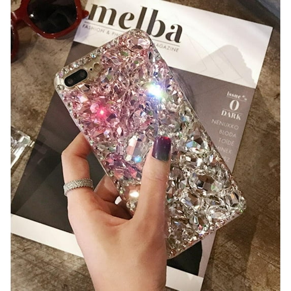 Gemstone Case for iPhone 7 Plus/iPhone 8 Plus 5.5 Inch Fashion Luxury Bling Diamond Gemstone Cute Fuzzy Furry Plush Fluffy Fur Ball Pendant Soft TPU Back case