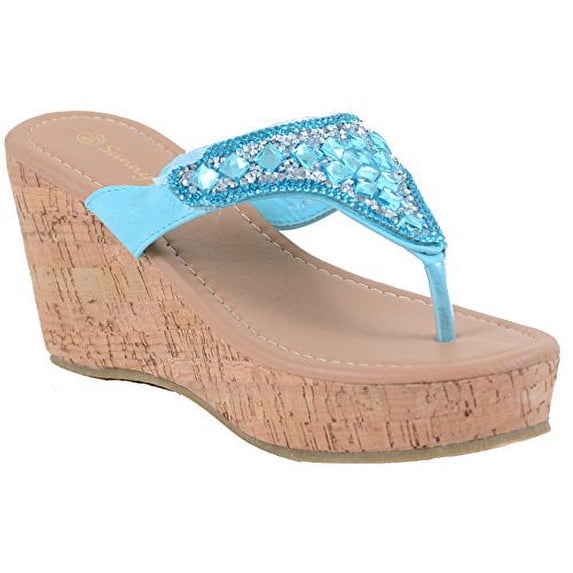 Gemstone Cork Platform Vegan Wedge Sandals Women's (A-Turqouise, 7)