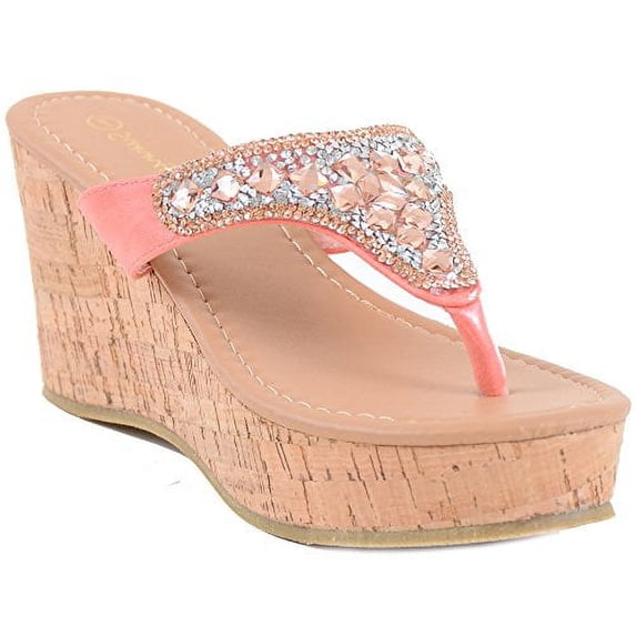 Gemstone Cork Platform Vegan Wedge Sandals Women's (B-Pink, 5.5)