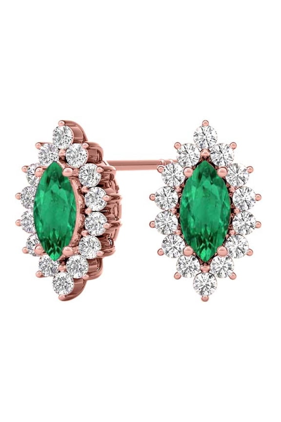 Gemstone Diamond Studs Earrings For Women 1.0 Carat 6x3MM Lab Created Center Marquise Emerald With Natural Round White Diamond Studs Push Back Earrings For Ladies In 10K Solid Rose White Yellow Gold
