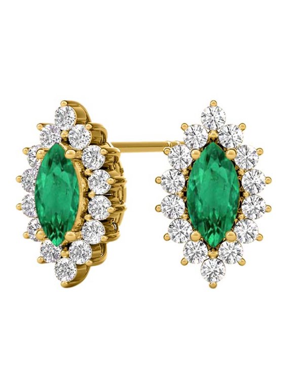 Gemstone Diamond Studs Earrings For Women 1.0 Carat 6x3MM Lab Created Center Marquise Emerald With Natural Round White Diamond Studs Push Back Earrings For Ladies In 10K Solid Rose White Yellow Gold