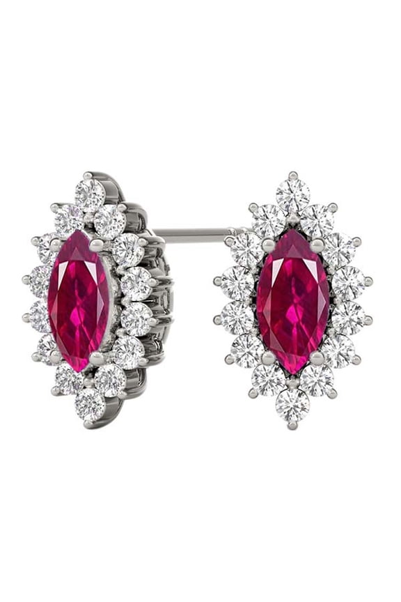 Gemstone Diamond Studs Earrings For Women 1.0 Carat 6x3MM Lab Created Center Marquise Ruby With Natural Round White Diamond Studs Push Back Earrings For Ladies In 10K Solid Rose White Yellow Gold