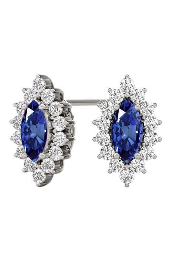 Gemstone Diamond Studs Earrings For Women 1.0 Carat 6x3MM Lab Created Center Marquise Sapphire With Natural Round White Diamond Studs Push Back Earrings For Ladies In 10K Solid Rose White Yellow Gold