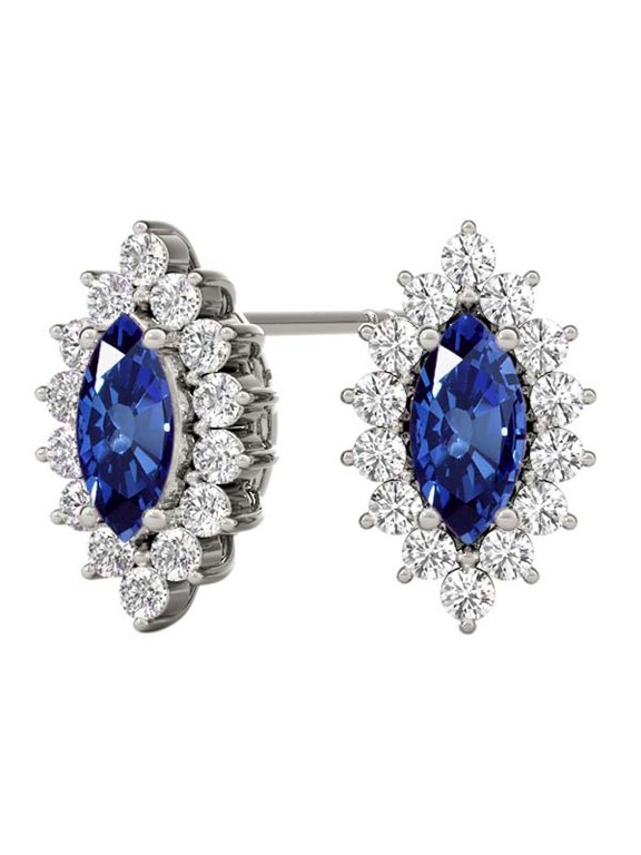 Gemstone Diamond Studs Earrings For Women 1.0 Carat 6x3MM Lab Created Center Marquise Sapphire With Natural Round White Diamond Studs Push Back Earrings For Ladies In 10K Solid Rose White Yellow Gold
