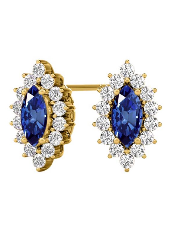 Gemstone Diamond Studs Earrings For Women 1.0 Carat 6x3MM Lab Created Center Marquise Sapphire With Natural Round White Diamond Studs Push Back Earrings For Ladies In 10K Solid Rose White Yellow Gold