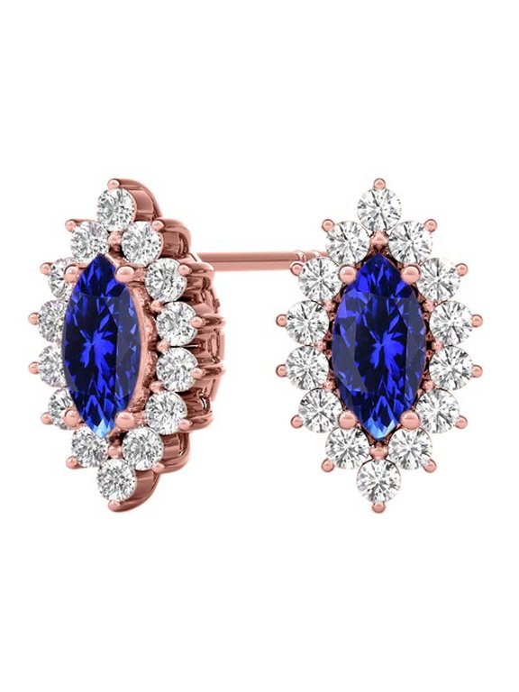 Gemstone Diamond Studs Earrings For Women 1.0 Carat 6x3MM Lab Created Center Marquise Tanzanite With Natural Round White Diamond Studs Push Back Earrings For Ladies In 10K Solid Rose White Yellow Gold