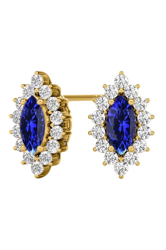 Gemstone Diamond Studs Earrings For Women 1.0 Carat 6x3MM Lab Created Center Marquise Tanzanite With Natural Round White Diamond Studs Push Back Earrings For Ladies In 10K Solid Rose White Yellow Gold