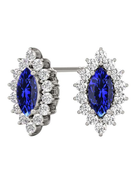 Gemstone Diamond Studs Earrings For Women 1.0 Carat 6x3MM Lab Created Center Marquise Tanzanite With Natural Round White Diamond Studs Push Back Earrings For Ladies In 10K Solid Rose White Yellow Gold