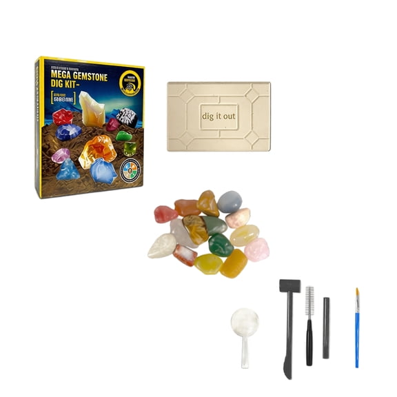 Gemstone Dig Kit, 15 Real Semi-Precious Gems Excavation Kit with Dig Brick, Tools, Magnifying Glass, Learning Guide & Display Bottle, STEM Rock Collection Science Activity Kit,C