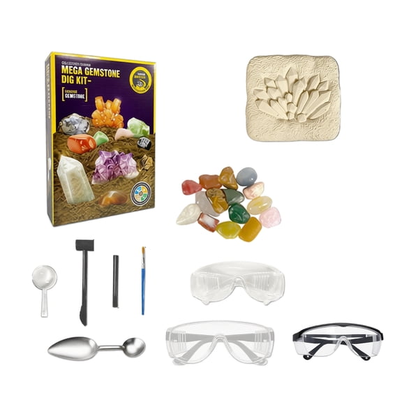 Gemstone Dig Kit, 15 Real Semi-Precious Gems Excavation Kit with Dig Brick, Tools, Magnifying Glass, Learning Guide & Display Bottle, STEM Rock Collection Science Activity Kit,D