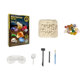 Gemstone Dig Kit, 15 Real Semi-Precious Gems Excavation Kit with Dig Brick, Tools, Magnifying Glass, Learning Guide & Display Bottle, STEM Rock Collection Science Activity Kit,E
