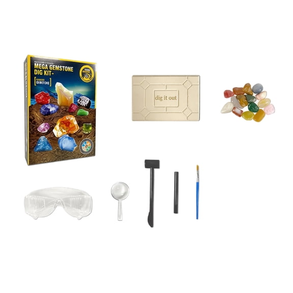 Gemstone Dig Kit, 15 Real Semi-Precious Gems Excavation Kit with Dig Brick, Tools, Magnifying Glass, Learning Guide & Display Bottle, STEM Rock Collection Science Activity Kit,F