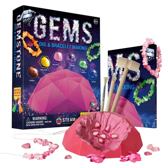 Piano Potato Gemstone Dig & Bracelet Making Kit for Kids, 6 Real Gemstones (Rose Quartz, Amethyst) + Jewelry Supplies, STEM Geology Craft Toy Gift for Girls & Boys Ages 6+