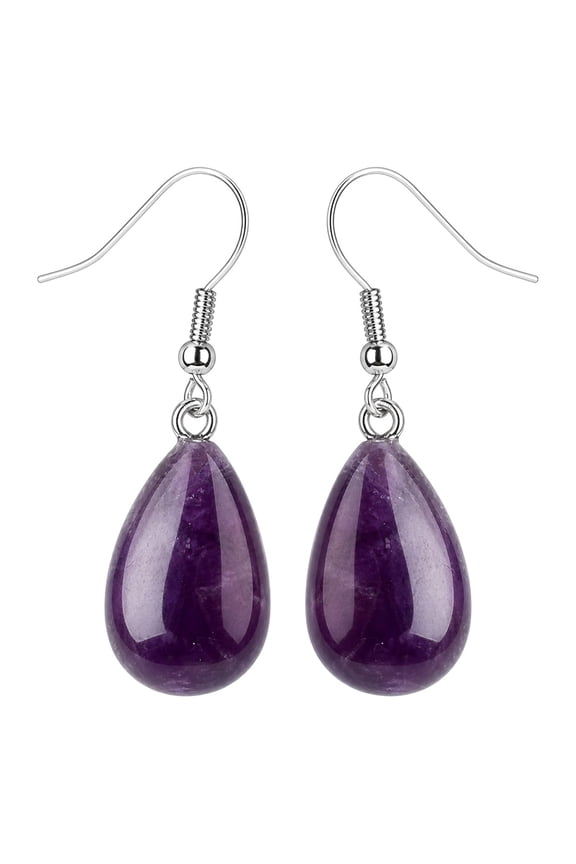 Gemstone Drop Teardrop Smooth Polished Dangle Earrings Silver 1.61 in Amethyst E81