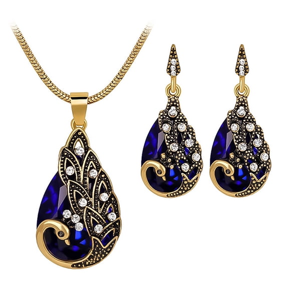 Gemstone Jewelry Set for Women, Dainty Blue Teardrop Pendant Necklace and Earrings Two Piece Set, Elegant Statement Accessories for Daily Wear Office Date Party Wedding Gift Blue 2 Pcs